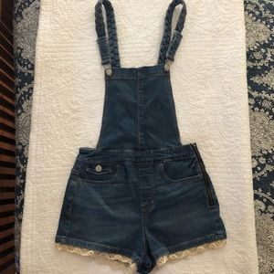 PACSUN Bullhead Denim Overall Shorts, Lace Hem, 25